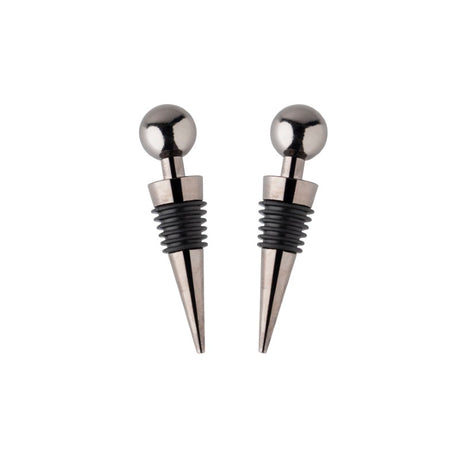 Elegant metallic black bottle stoppers designed to preserve freshness and style for wine and champagne, set of two.