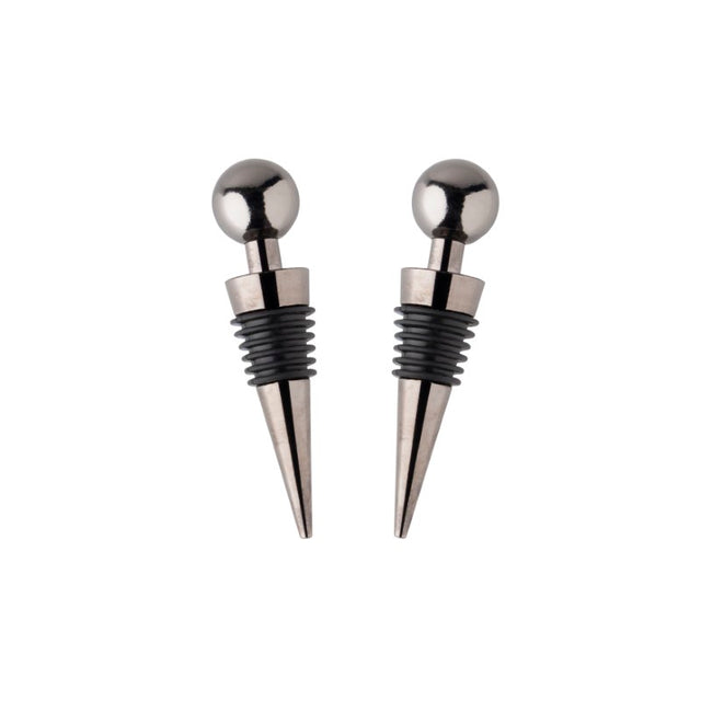 Elegant metallic black bottle stoppers designed to preserve freshness and style for wine and champagne, set of two.