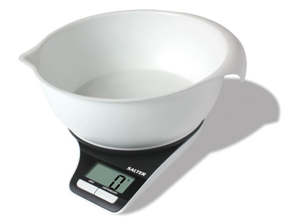 Salter Aquatronic Measuring Bowl: versatile electronic kitchen scale with tare function, LCD display, and easy pour spout.
