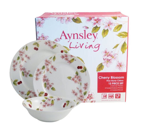 Aynsley Cherry Blossom 12pc Dinner Set in fine bone china featuring elegant cherry blossom design for sophisticated dining.