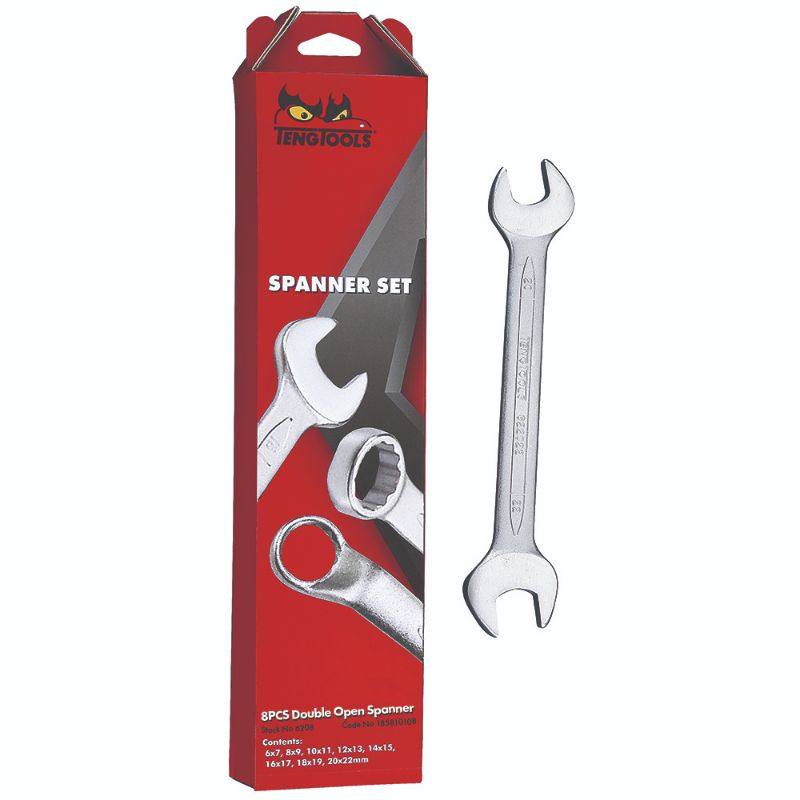 Teng 8pc Double Open End Spanner Set, featuring durable wrenches in sizes 6x7mm to 20x22mm, perfect for mechanics and DIY tasks.