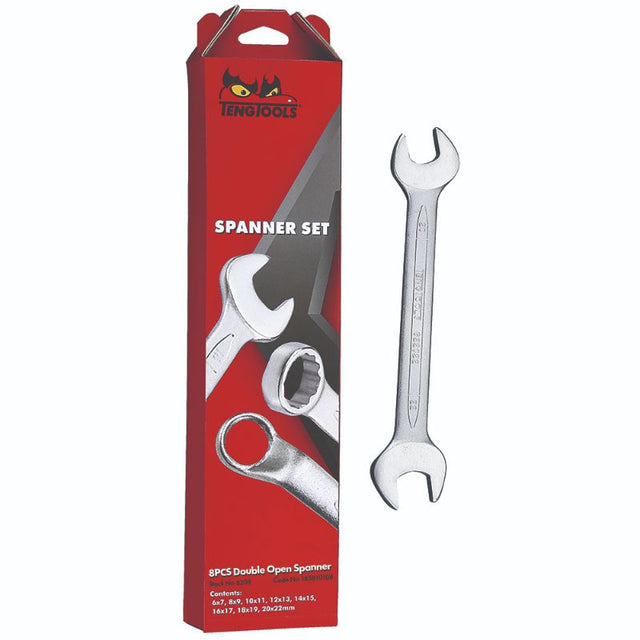 Teng 8pc Double Open End Spanner Set, featuring durable wrenches in sizes 6x7mm to 20x22mm, perfect for mechanics and DIY tasks.