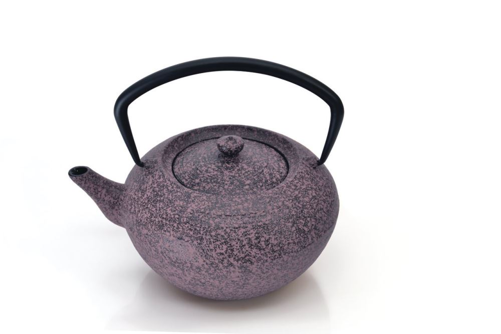 Purple cast iron teapot with 1.3L capacity, featuring a stainless steel infuser for perfect brewing and a vibrant design.