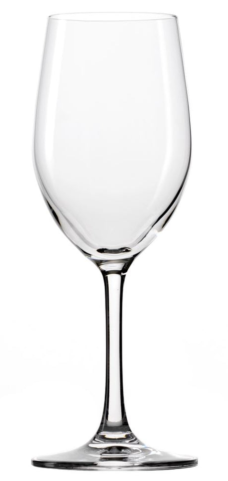 Set of six lead-free crystal wine glasses, elegant design for Chardonnay and Pinot Grigio, 305ml capacity, dishwasher safe.