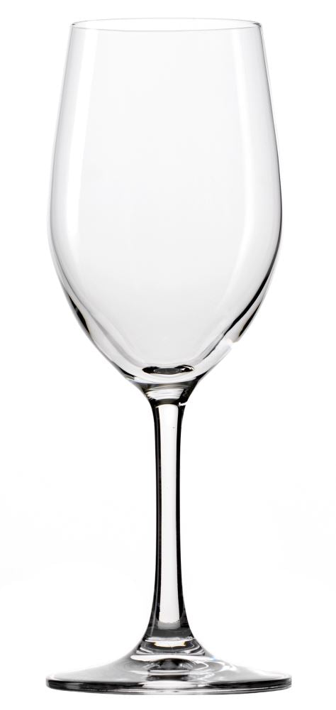 Set of six lead-free crystal wine glasses, elegant design for Chardonnay and Pinot Grigio, 305ml capacity, dishwasher safe.