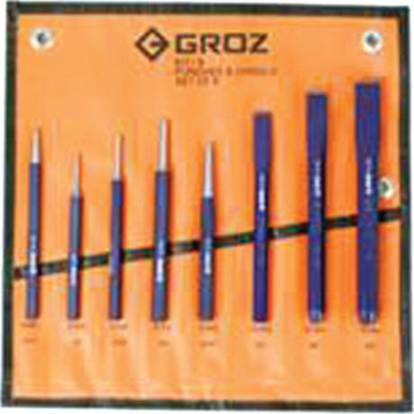 Groz 8pc Punch and Chisel Set in a vinyl roll, features durable alloy steel tools for metalworking and masonry projects.