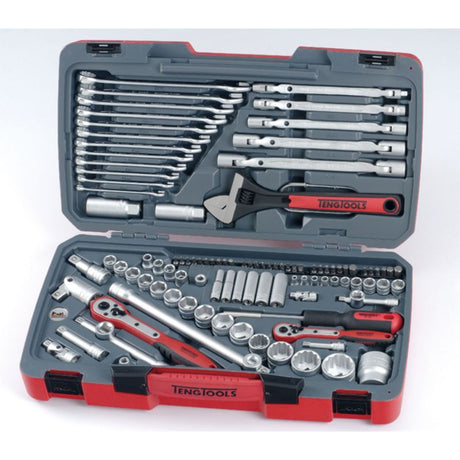 Professional 106-piece Teng socket and tool set with drives, accessories in a durable carrying case for automotive and DIY tasks.