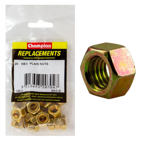 Durable Champion M10 x 1.25 hex nuts - 20-pack, ideal for secure fastening in various DIY and professional projects.