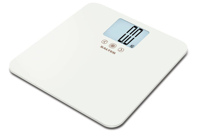 Sleek white digital scale with backlit display, 250kg capacity, BMI tracking, and memory for 8 users. Perfect for family wellness.