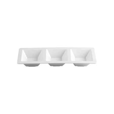 Elegant white 3-section melamine platter for serving appetizers and snacks, durable and dishwasher safe, 37 x 15 cm.