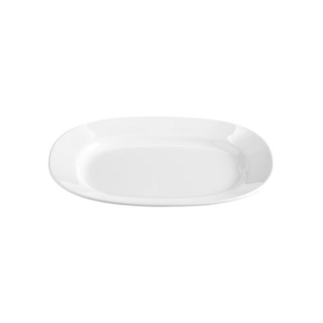 Elegant 36cm white oval platter in durable melamine, perfect for serving hot dishes at any occasion, indoors or outdoors.
