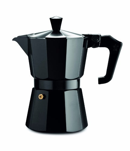 Pezzetti Black Italexpress Aluminium Coffee Maker, sleek design for brewing rich, robust espresso at home.