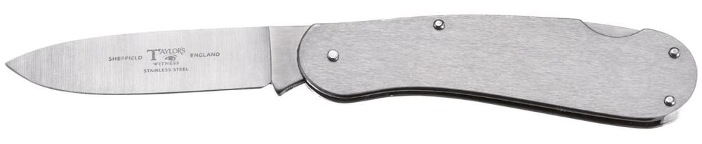Locking stainless steel knife by Taylors, 105cm long with sharp 67mm drop point blade, ideal for outdoor and everyday tasks.
