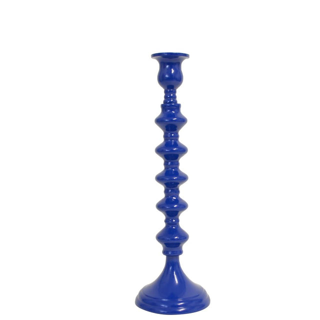 Aluminium candle holder in blue, 30cm tall, features intricate detailing for a stylish decor accent.