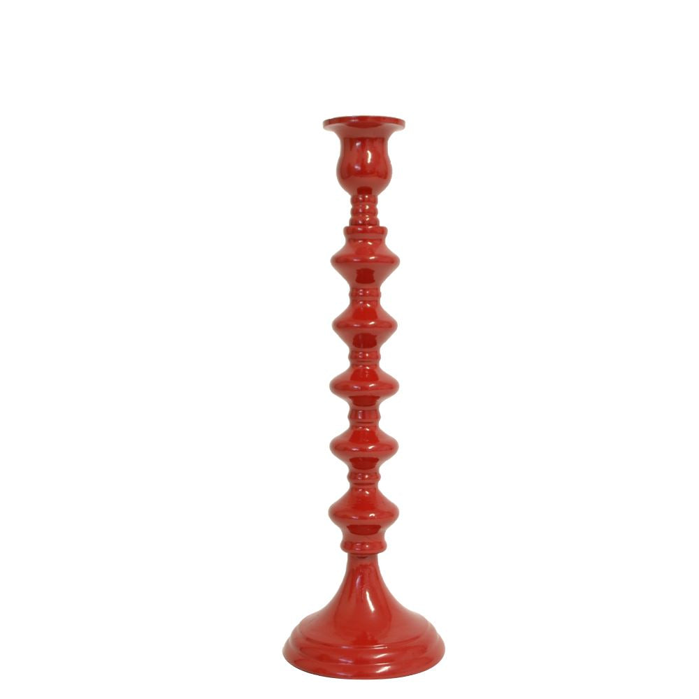 Red aluminium candle holder (30cm) with intricate detailing, perfect for enhancing home decor and creating cozy ambiance.