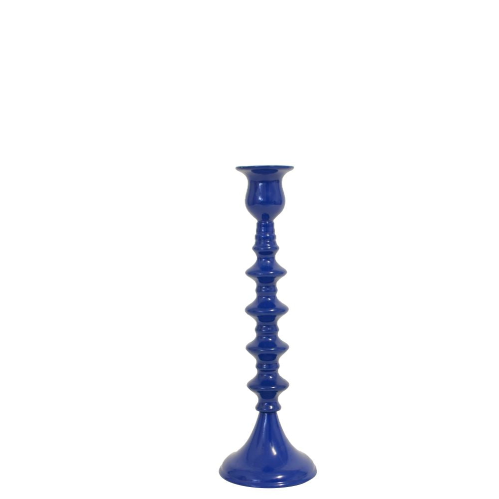 Elegant blue aluminium candle holder measuring 8 x 8 x 24 cm, perfect for home decor and showcasing candles beautifully.