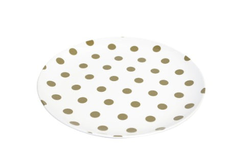 Set of 6 Jab Coupe plates featuring elegant gold dot design, made from durable melamine, perfect for any dining occasion.