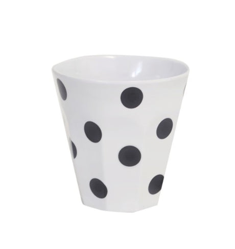Set of 6 black dot tumblers, 300ml each, durable melamine for stylish indoor and outdoor dining, dishwasher safe.