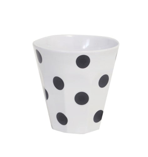 Set of 6 black dot tumblers, 300ml each, durable melamine for stylish indoor and outdoor dining, dishwasher safe.