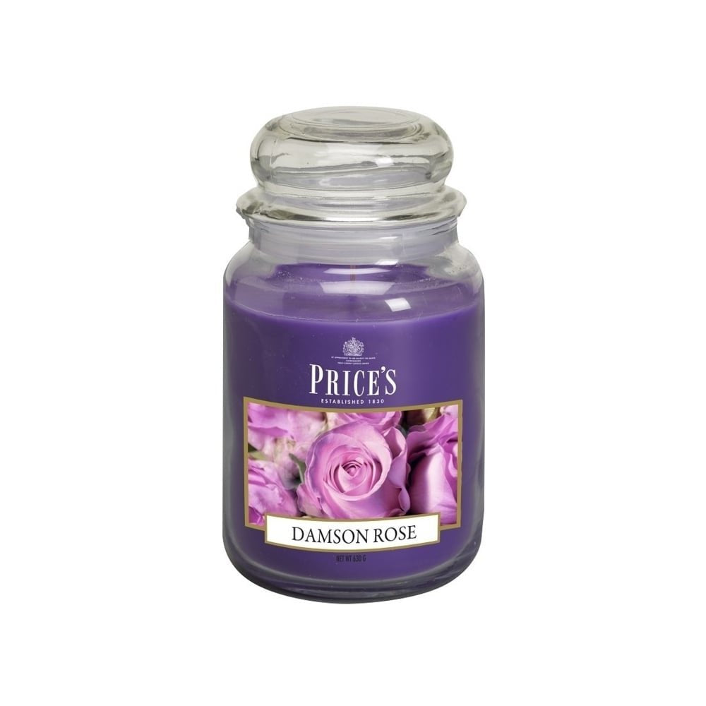 Prices Damson Rose Large Jar candle, 175 mm tall, 95 mm wide, offers 150 hours of soothing fragrance and elegant ambiance.