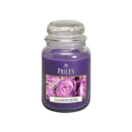 Prices Damson Rose Large Jar candle, 175 mm tall, 95 mm wide, offers 150 hours of soothing fragrance and elegant ambiance.
