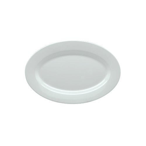White oval melamine platter with high lustrous finish, perfect for serving appetizers and main courses at any occasion.