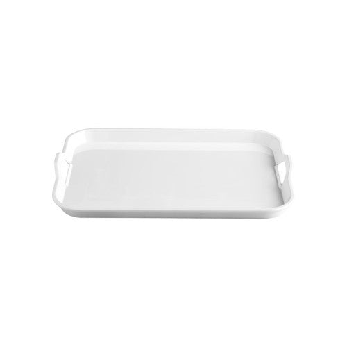Elegant white Jab Handled Tray made of durable melamine, ideal for serving snacks or drinks at any occasion, size 38 x 28cm.