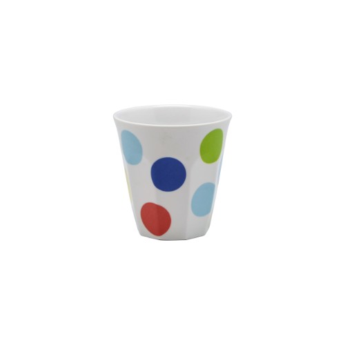 Set of 6 vibrant polka dot tumblers made from durable melamine, ideal for various beverages and easy cleanup.