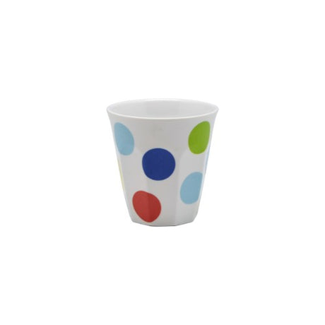 Set of 6 vibrant polka dot tumblers made from durable melamine, ideal for various beverages and easy cleanup.
