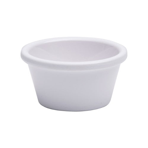Set of 6 white Jab Plain Edge ramekins, durable melamine, perfect for sauces, desserts, and hot or cold dishes.