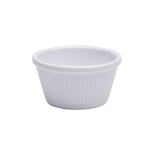Set of 6 Jab Ribbed White Ramekins, 90ml each, durable melamine for sauces, desserts, microwave and dishwasher safe.