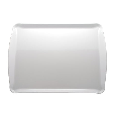 White rectangular tray with flared sides, durable melamine, ideal for serving appetizers and main courses.