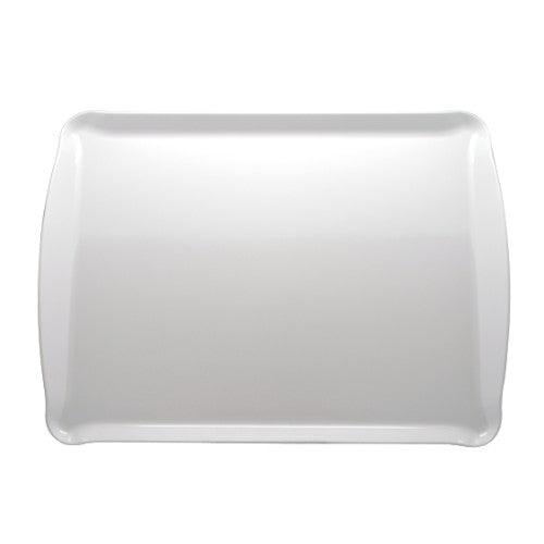 White rectangular tray with flared sides, durable melamine, ideal for serving appetizers and main courses.