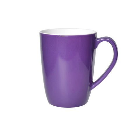 Set of 6 violet JAB melamine mugs with porcelain-like finish, dishwasher safe, scratch resistant, and temperature durable.