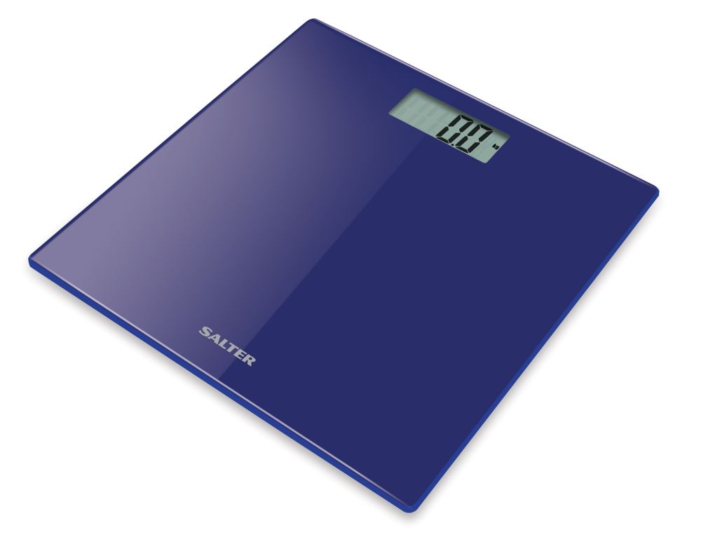 Ultra slim blue glass scale with easy-to-read display, instant weight readings, and a maximum capacity of 180kg.