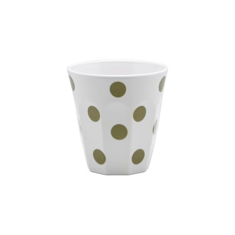Set of 6 elegant gold-dotted melamine tumblers, perfect for hot or cold beverages, durable and dishwasher safe.