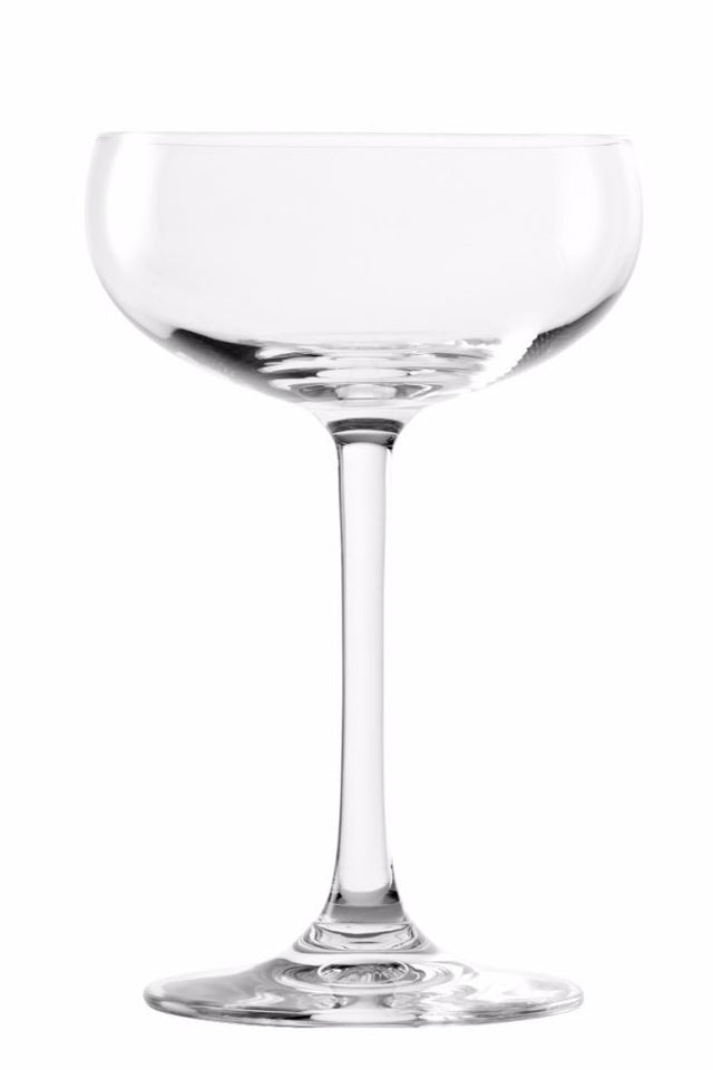 Set of 6 Stolzle 230ml champagne saucers in lead-free crystalline glass, designed for elegance and enhanced flavor in celebrations.