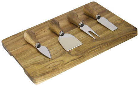 Taylors cheese knife set with acacia wood board, perfect for slicing and serving cheeses at gatherings.
