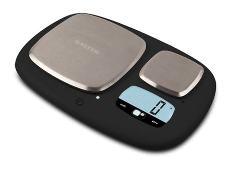 Electronic kitchen scale with dual platforms, 10kg and 200g capacities, modern design, and easy-to-read display.