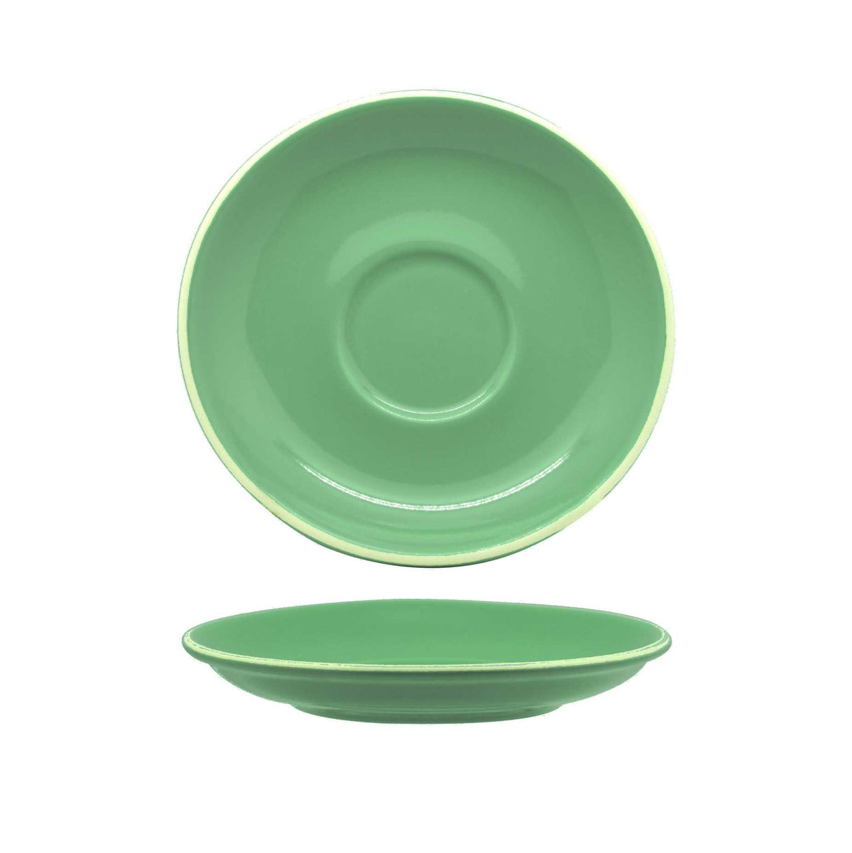 Set of 6 mint green porcelain espresso saucers, elegantly designed for a classic coffee experience.