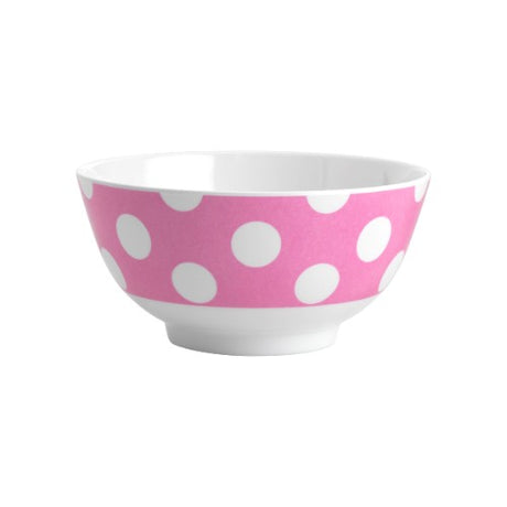 Set of 6 vibrant Jab bowls with white dots on hot pink, made from durable melamine, perfect for dining and outdoor events.