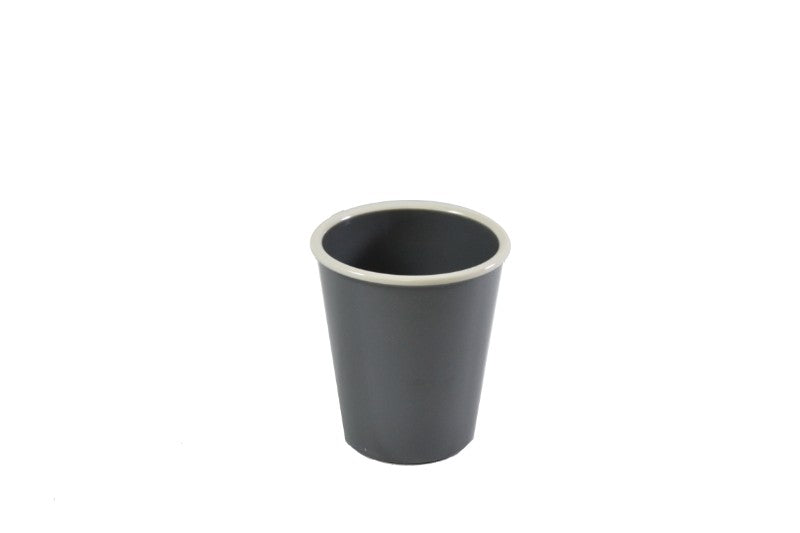 Vintage grey tumbler with white rim, durable melamine, perfect for outdoor and indoor dining up to 110°C, dishwasher safe.
