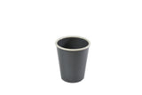 Vintage grey tumbler with white rim, durable melamine, perfect for outdoor and indoor dining up to 110°C, dishwasher safe.