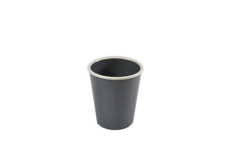 Vintage grey tumbler with white rim, durable melamine, perfect for outdoor and indoor dining up to 110°C, dishwasher safe.
