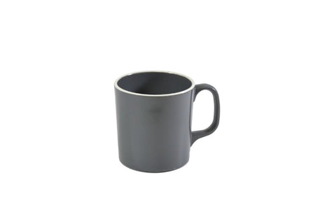 Set of 6 vintage grey and white rim mugs, 300ml, durable melamine with an enamel look, perfect for stylish dining.