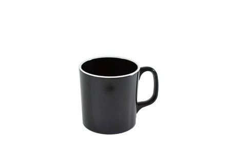 Set of 6 Jab Vintage black/white rim melamine mugs, stylish, durable, microwave and dishwasher safe for hot and cold drinks.