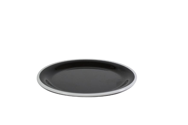 Set of 6 vintage black/white rim plates, 20cm melamine, stylish, durable, dishwasher safe, ideal for any dining occasion.