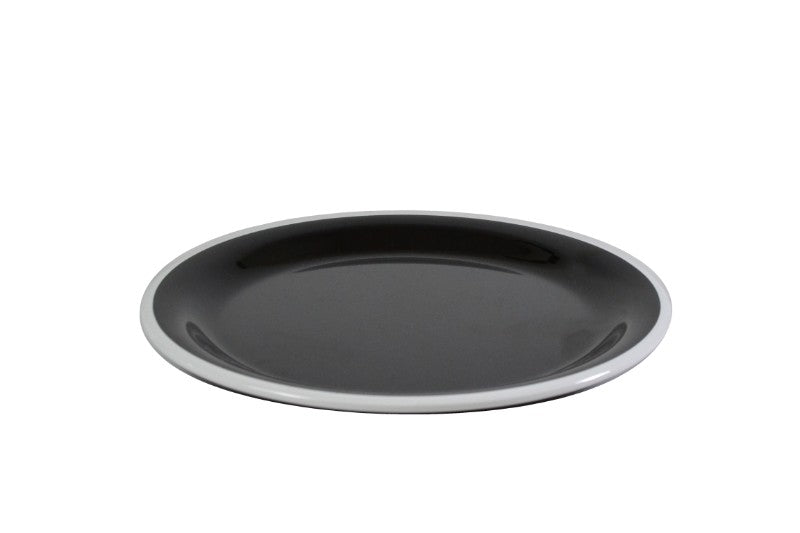 Elegant set of 6 vintage black/white rim melamine plates, 25cm, mimicking porcelain for stylish indoor and outdoor dining.