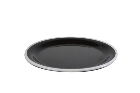 Elegant set of 6 vintage black/white rim melamine plates, 25cm, mimicking porcelain for stylish indoor and outdoor dining.