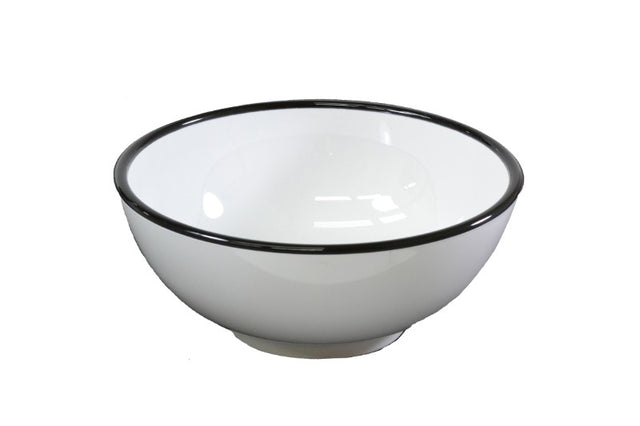Set of 6 Jab Vintage white bowls with black rim, 15cm, durable melamine, stylish for any dining occasion.